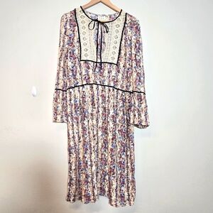 POL Floral Lace Cream Dress with Black Accents Romantic, Cottagecore Grandmacore